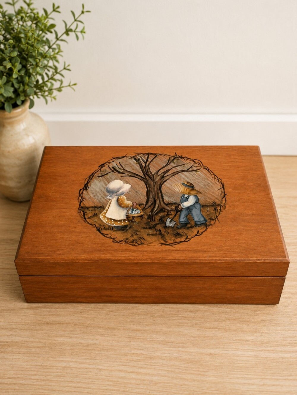 Vintage Hand‑Painted Wooden Box – Holly Hobbie Style – Country Folk Art